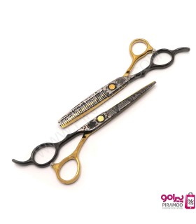 ست قیچی کات و پیتاژ 6 اینچ طلایی مشکی طرح دار چپ دست الکساندر کد : M224N