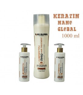 کراتین صافی برند نانو گلوبال همراه شامپو قبل و بعد قوطی 100 میل NANO GLOBAL KERATIN