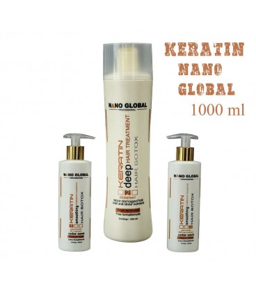 کراتین صافی برند نانو گلوبال همراه شامپو قبل و بعد قوطی 100 میل NANO GLOBAL KERATIN