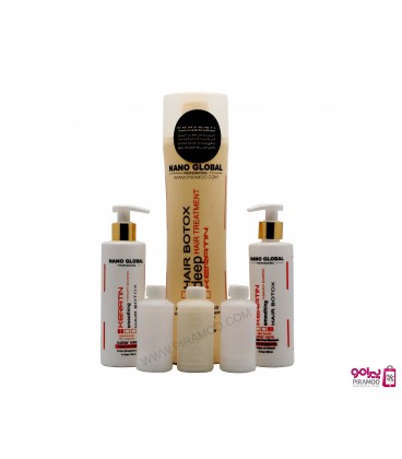 کراتین صافی برند نانو گلوبال همراه شامپو قبل و بعد قوطی 100 میل NANO GLOBAL KERATIN
