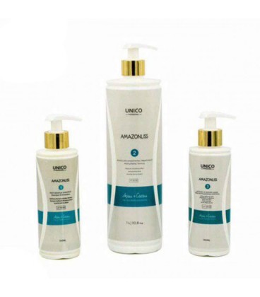 کراتین صافی برند آمازون لیس  همراه شامپو قبل و بعد قوطی 1000 میل  AMAZONLISS UNICO